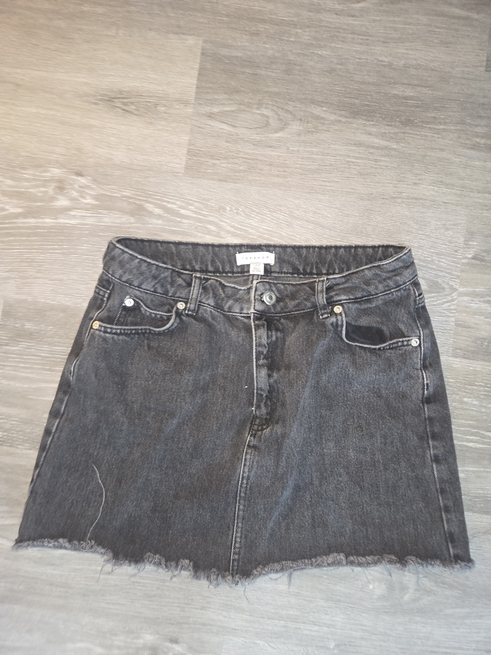 Topshop Black Washed Denim Mini Skirt with Frayed Hem